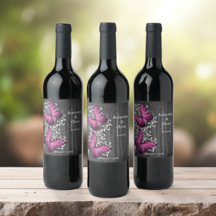 Magenta Rustic Butterfly Wedding Wine Label