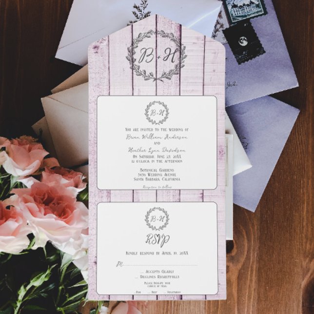 Magenta Rustic Monogram Wedding All In One Invitation (Magenta Rustic Monogram Wedding All in One Invitation)