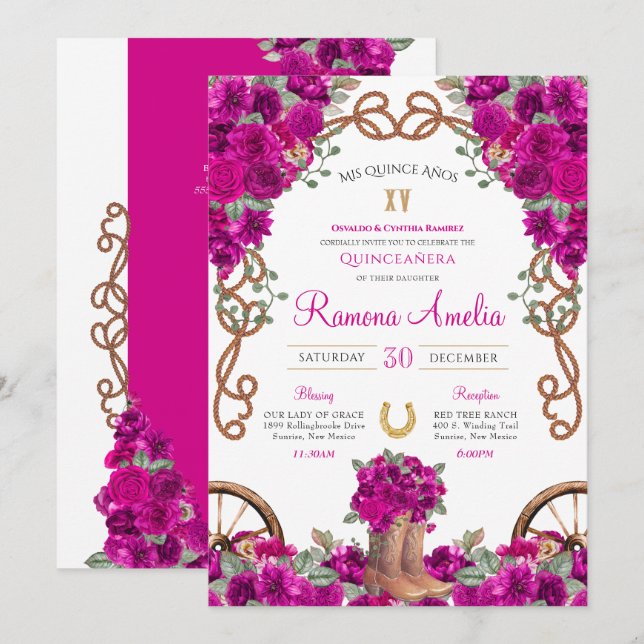 Magenta Rustic Western Charro Cowboy Boots Quince  Invitation (Front/Back)