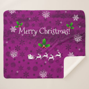 Magenta Santa's Sleigh and Reindeer Sherpa Blanket