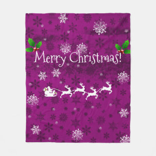 Magenta Santa's Sleigh and Reindeer Throw Blanket