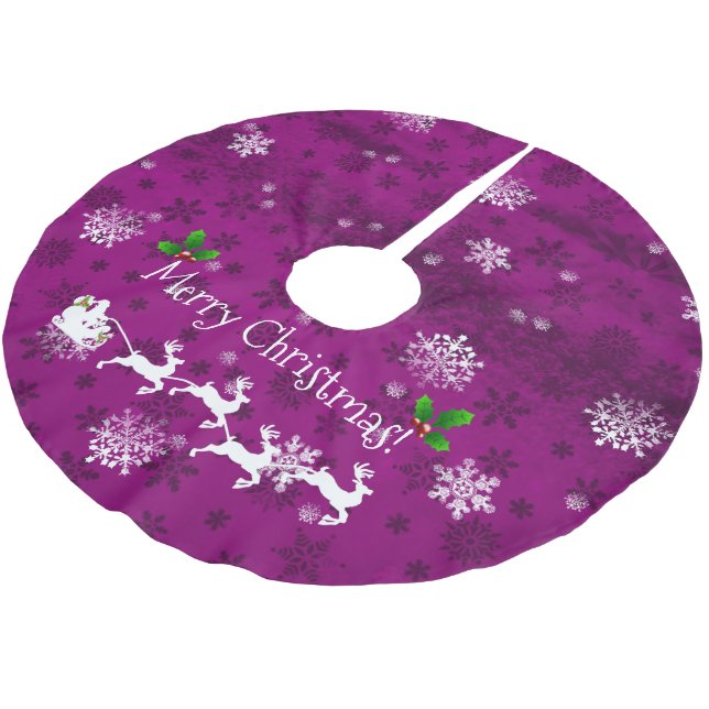 Magenta Santa's Sleigh and Reindeer Tree Skirt (Angled)