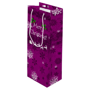Magenta Santa's Sleigh and Reindeer Wine Gift Bag