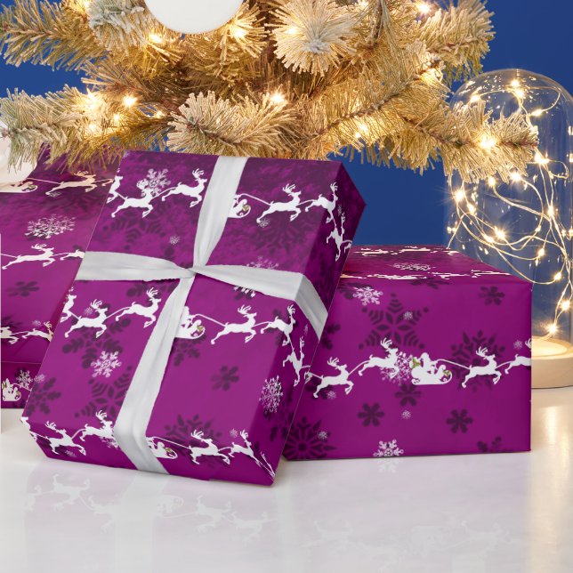 Magenta Santa's Sleigh and Reindeer Wrapping Paper (Holidays)