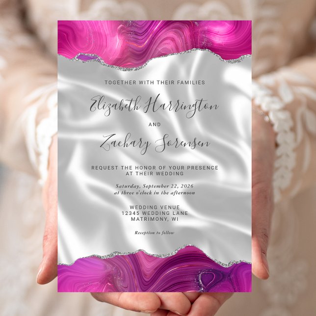 Magenta Silver Agate White Silk Wedding Invitation (Creator Uploaded)