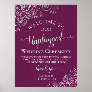 Magenta & Silver Chic Unplugged Wedding Ceremony Poster