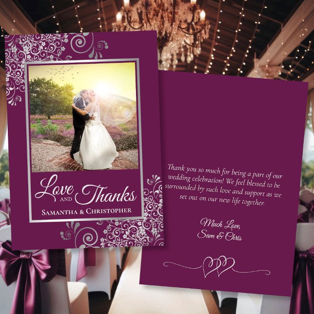 Magenta & Silver Love Thanks Wedding Photo & Note Thank You Card (Front/Back)
