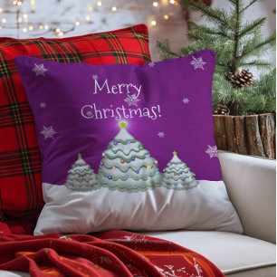 Magenta Snowy Christmas Tree Throw Pillow