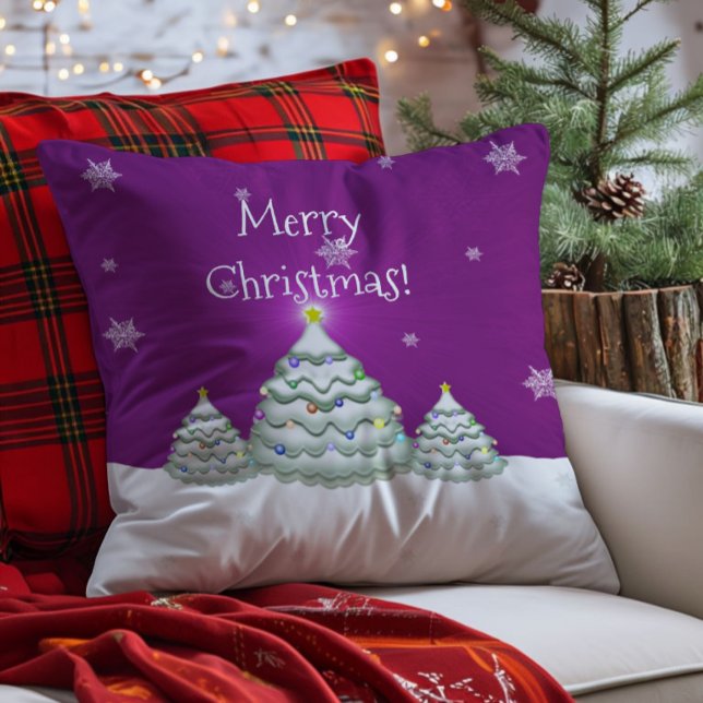 Magenta Snowy Christmas Tree Throw Pillow (Magenta Christmas Tree Throw Pillow)