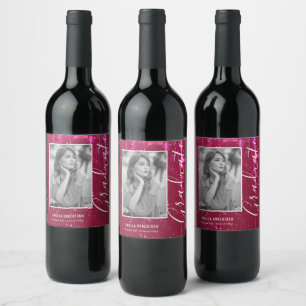 Magenta Space Glitter Photo Graduation Wine Label
