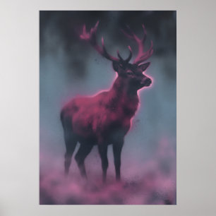 Magenta Stag in Mist Moody Wildlife Art Poster