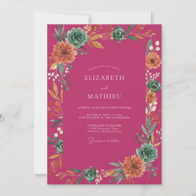 Magenta Succulent Eucalyptus Wedding Invitation (Front)