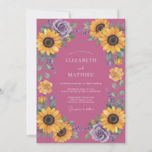 Magenta Sunflower Eucalyptus Wedding Invitation