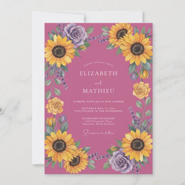 Magenta Sunflower Eucalyptus Wedding Invitation (Front)
