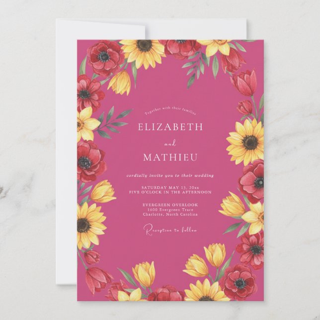 Magenta Sunflower Poppy Wedding Invitation (Front)