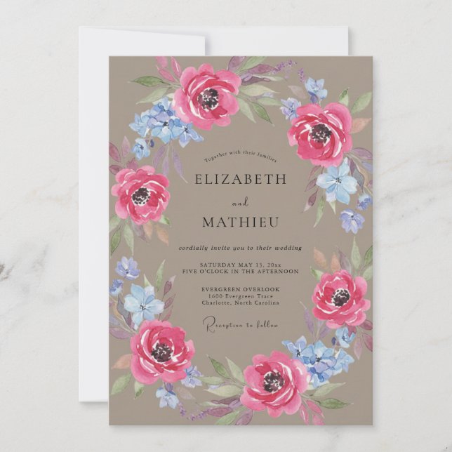 Magenta Taupe Wreath Wedding Invitation (Front)