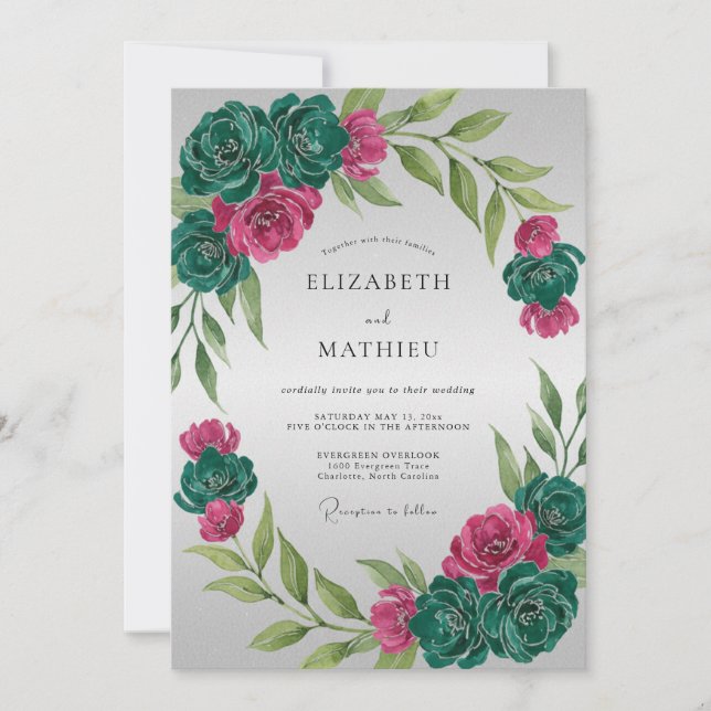 Magenta Teal Ranunculus Eucalyptus Wedding Invitation (Front)