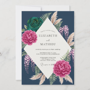 Magenta Teal Tropical Eucalyptus Wedding Invitation