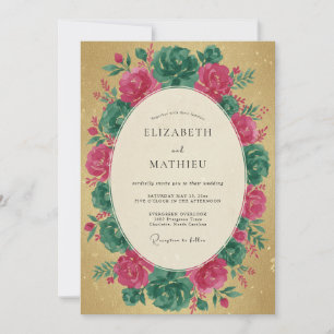 Magenta Teal Wreath Wedding Invitation