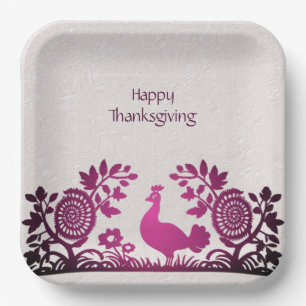 Magenta Thanksgiving Turkey Floral Paper Plate