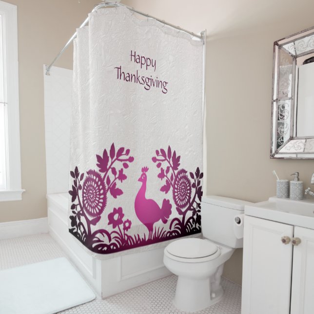Magenta Thanksgiving Turkey Floral Shower Curtain (In Situ)