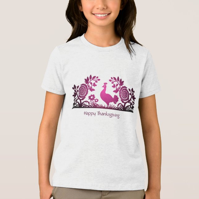 Magenta Thanksgiving Turkey Floral T-Shirt Tri-Blend Shirt (Front)