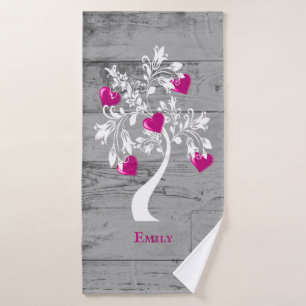 Magenta Tree of Hearts Personalised Bath Towel Set