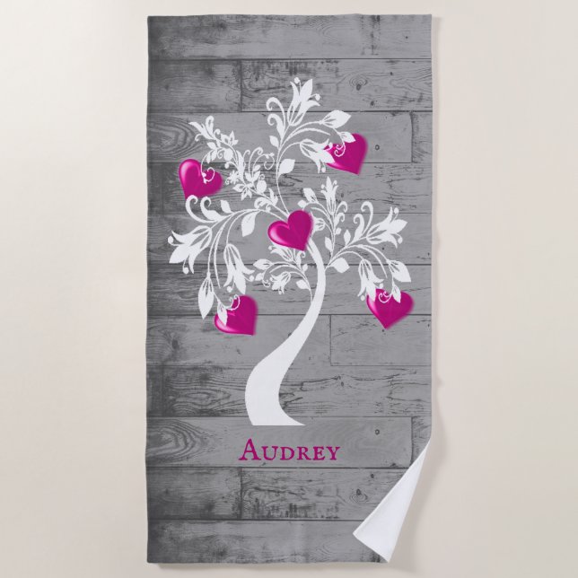 Magenta Tree of Hearts Personalised Beach Towel (Front)
