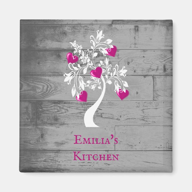 Magenta Tree of Hearts Personalised Magnet (Front)
