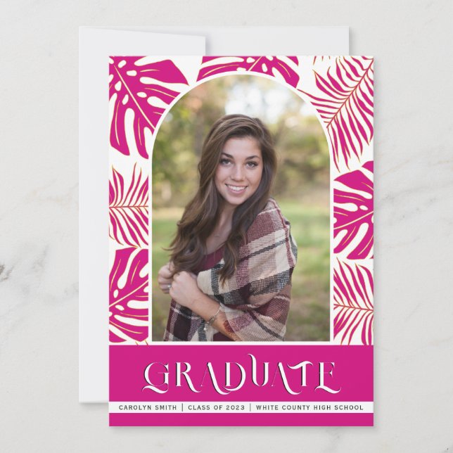 Magenta tropical Class of 2023 photo graduation Announcement (Front)