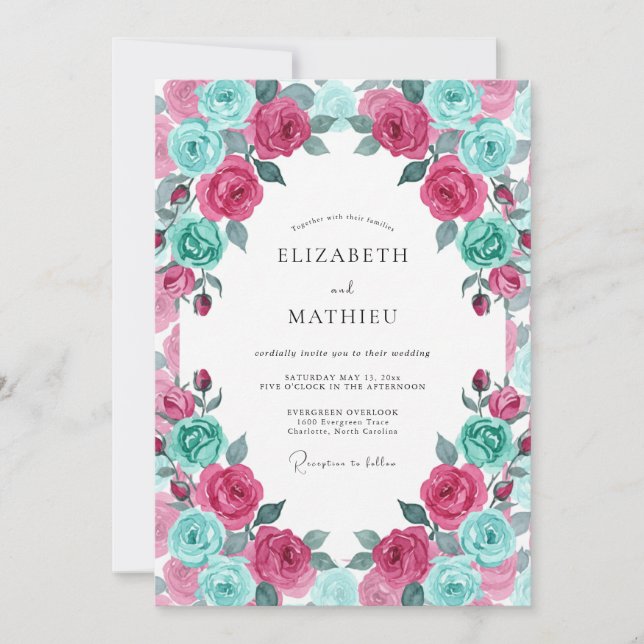 Magenta Turquoise Blossom Wedding Invitation (Front)
