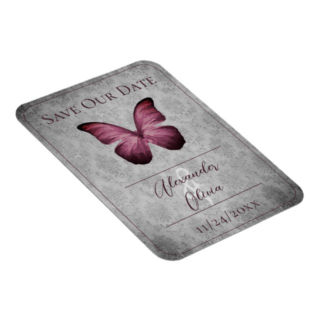 Magenta Vintage Butterfly Damask Save the Date Magnet (Right Side)