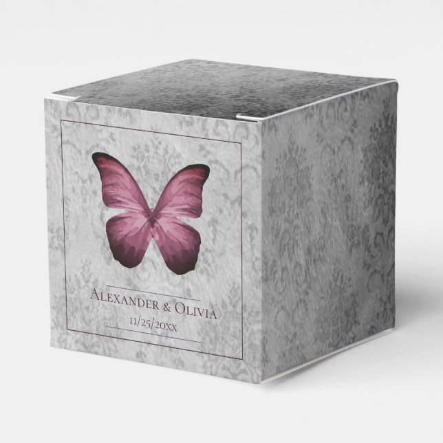 Magenta Vintage Butterfly Damask Wedding Favour Box (Front Side)