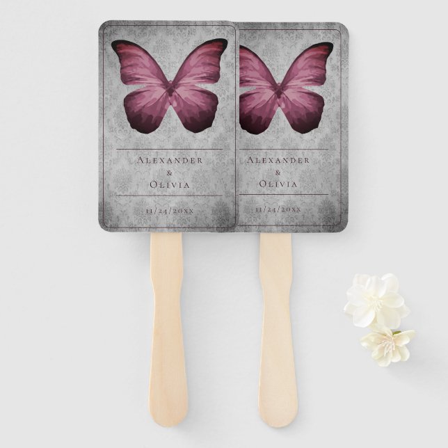 Magenta Vintage Butterfly Damask Wedding Favour Hand Fan (Front and Back)