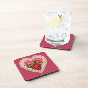 Magenta Vintage Rose Heart Valentine Coaster