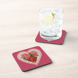 Magenta Vintage Rose Heart Valentine Coaster