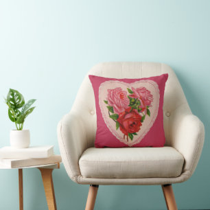Magenta Vintage Rose Heart Valentine Cushion