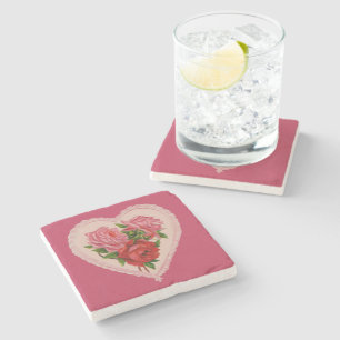 Magenta Vintage Rose Heart Valentine Stone Coaster