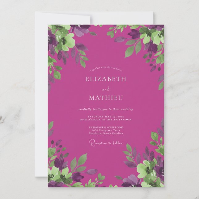 Magenta Violet Foliage Eucalyptus Wedding Invitation (Front)