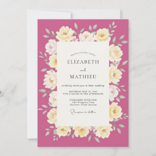Magenta Warm Cream Leafy Wedding Invitation