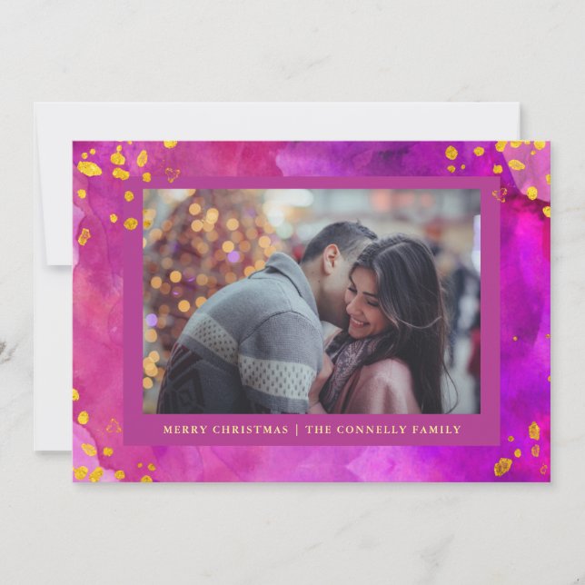 Magenta Watercolor Christmas with Gold | Photo Holiday Card (Front)