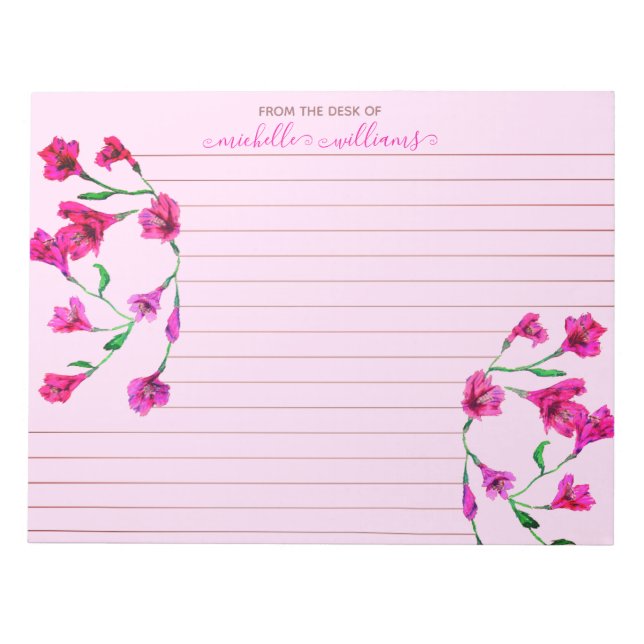 Magenta Watercolor Flowers Lined Personalised Notepad (Front)