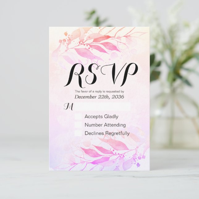 Magenta Watercolor Leaf Wedding RSVP Kindly Reply Card (Standing Front)