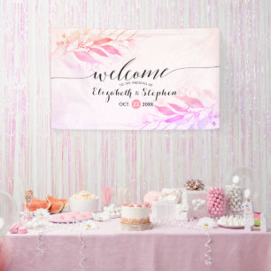 Magenta Watercolor Leaves Floral Wedding Welcome Banner