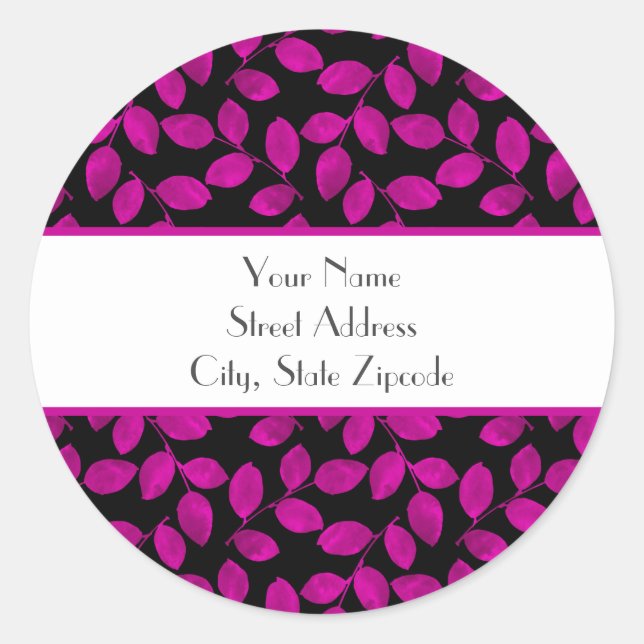 Magenta Watercolor Leaves Pattern Classic Round Sticker (Front)