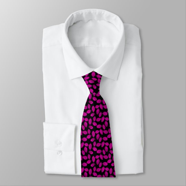 Magenta Watercolor Leaves Pattern Tie (Tied)