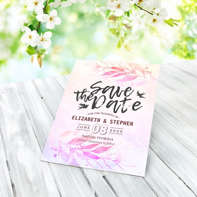 Magenta Watercolor Leaves Wedding Save The Date (Creator Uploaded)