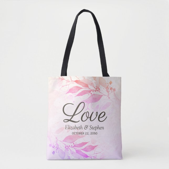 Magenta Watercolor Leaves Wedding Thank You Gifts Tote Bag (Front)