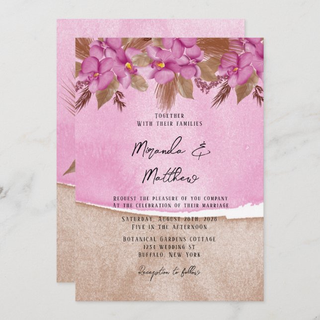 Magenta Watercolor Orchids Wedding Invitation (Front/Back)
