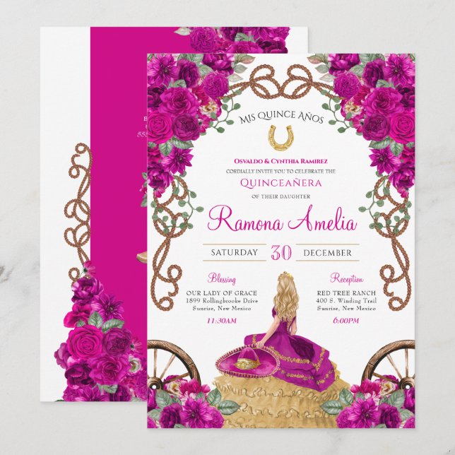 Magenta Western Charro Hot Pink Floral Quinceañera Invitation (Front/Back)